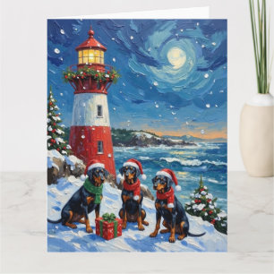 Cartão Natal Doberman Pinscher Farol de Férias