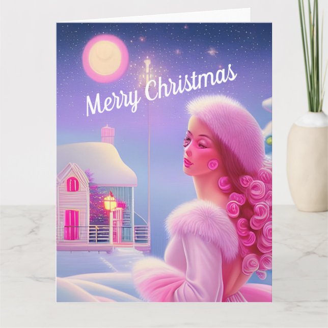 Cartão Natal Elegante Cor-de-Rosa Fofo e Alegre (Frente)