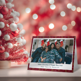 Cartão Natal Elegante Vermelho e Verde com Árvores e Foto