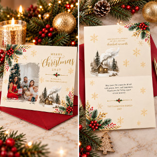 Cartão Natal em Foto de Família com Grafia Dourada Elegan