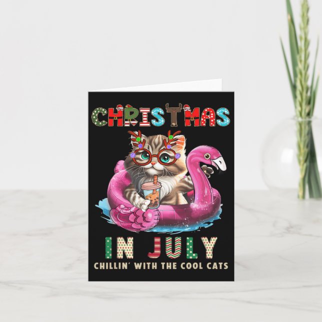 Cartão Natal Em Julho Chillin Cats Flamingo Float Meow (Frente)
