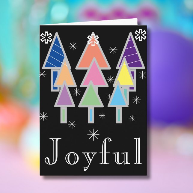 Cartão Natal - Feriado Preto do Artsy Moderno com Script  ('Joyful' dramatic black holiday card with colorful abstract art Christmas trees.)