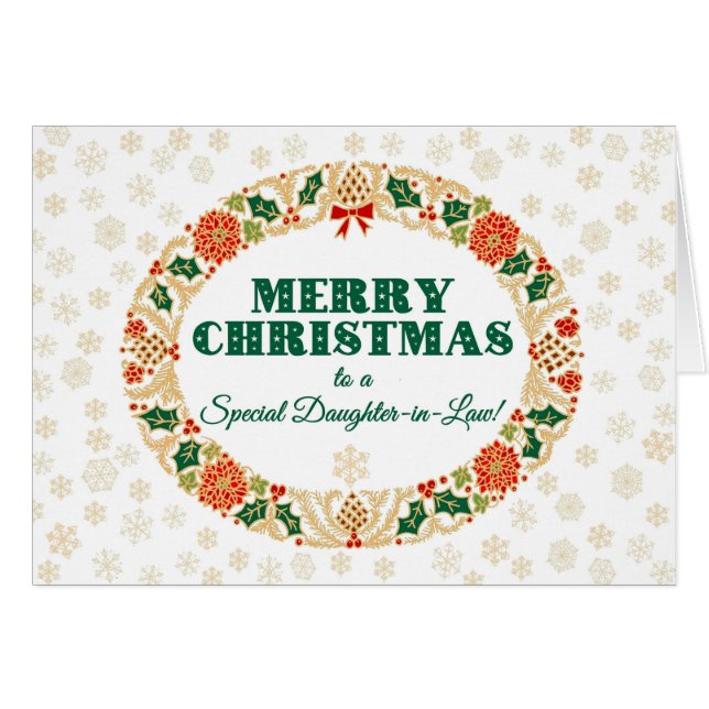 Cartão Natal Holly Wreath, Flocos de Neve Filha de Direit (Frente Horizontal)