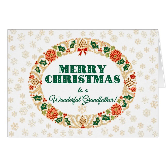 Cartão Natal Holly Wreath, para o avô Snowflakes (Frente Horizontal)