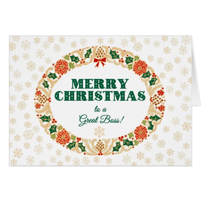 Cartão Natal Holly Wreath para o Excelente Boss, Flocos d (Frente Horizontal)