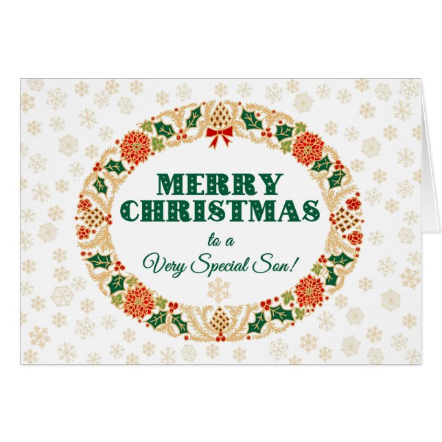 Cartão Natal Holly Wreath, para o Filho, Flocos de Neve (Frente Horizontal)