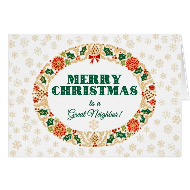 Cartão Natal Holly Wreath, para o Vizinho, Flocos de Neve (Frente Horizontal)