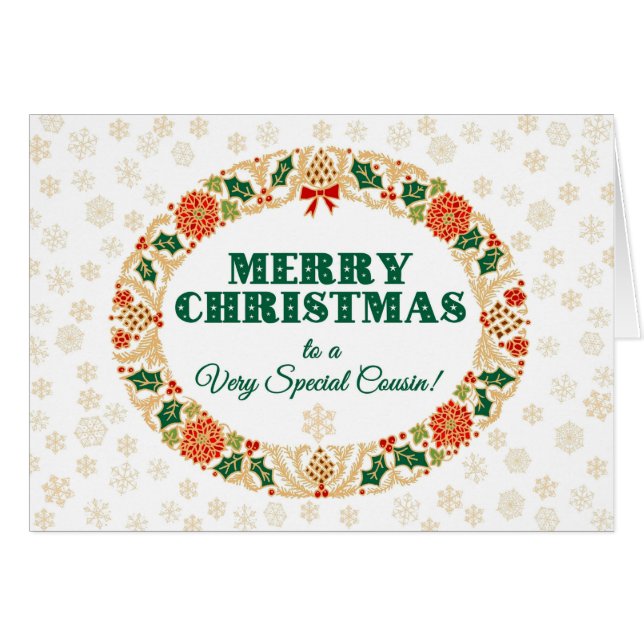 Cartão Natal Holly Wreath, para Primo, Flocos de Neve (Frente Horizontal)