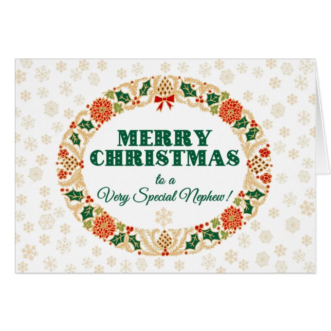 Cartão Natal Holly Wreath, para Sobrinho, Flocos de Neve (Frente Horizontal)