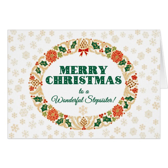 Cartão Natal Holly Wreath, para Stepirmã, Flocos de Neve (Frente Horizontal)