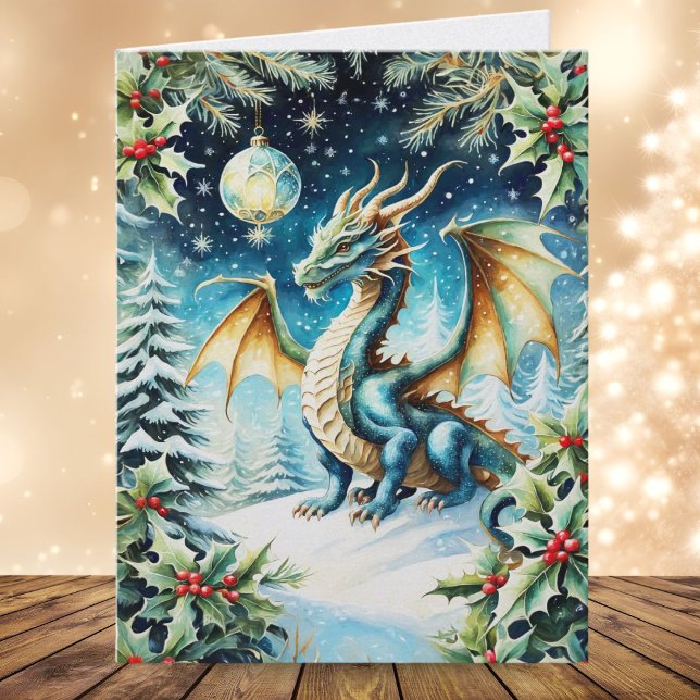 Cartão Natal Mágico do Dragão com Azevinho (Criador carregado)