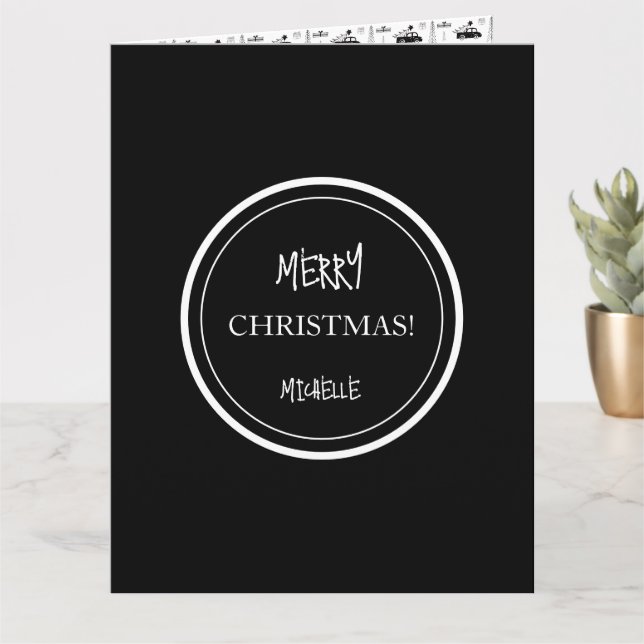 Cartão Natal Moderno Preto e Branco Personalizado (Planta pequena)