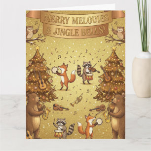 Cartão Natal Musical Dourado Animais & Música