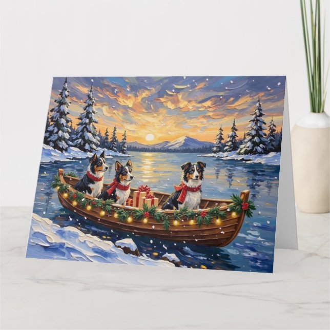 Cartão Natal no barco com Border Collie (Frente)