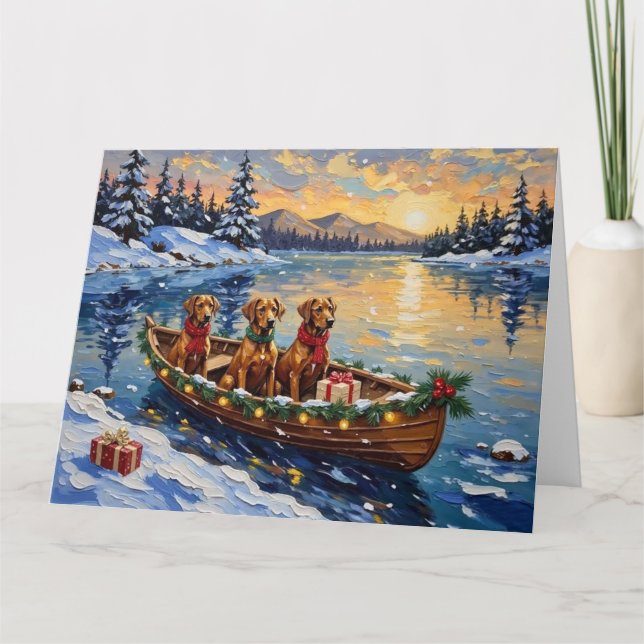 Cartão Natal no barco com Rhodesian Ridgeback (Frente)