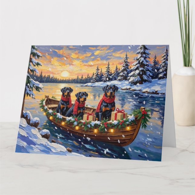 Cartão Natal no Barco com Rottweiler (Frente)