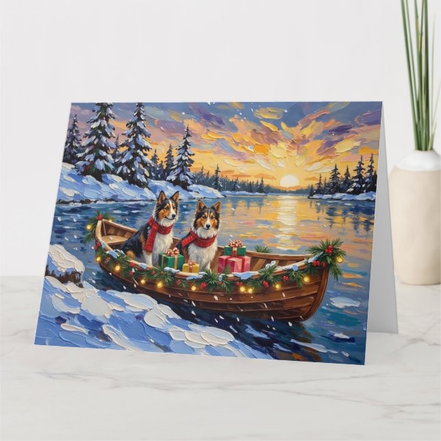 Cartão Natal no barco com Shetland Sheepdog (Frente)