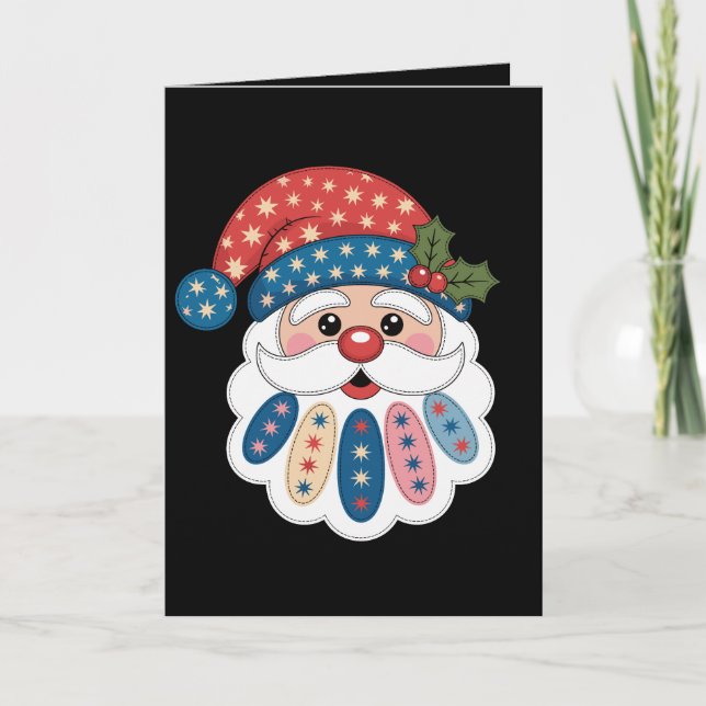 Cartão Natal Papai Noel Patchwork Floco de Neve Azevinho  (Frente)