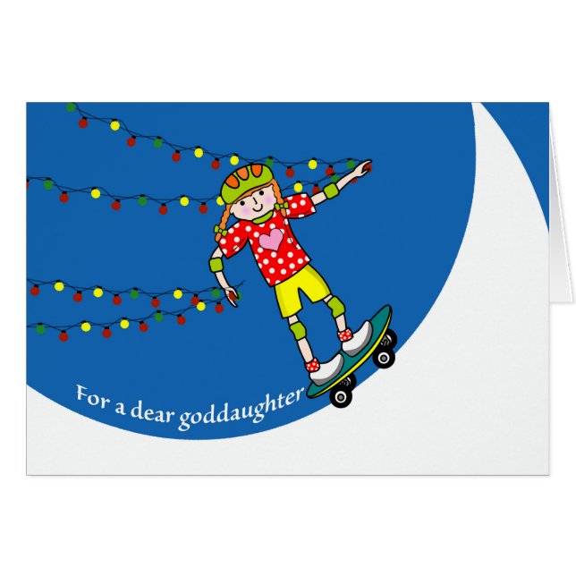 Cartão Natal para Godchild, Menina de Skate (Frente Horizontal)