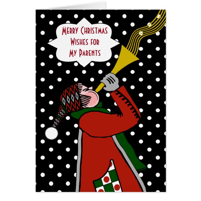 Cartão Natal personalizado para pais, trompete na neve (Frente)