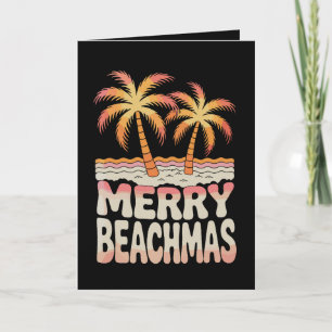 Cartão Natal praiano com palmeira pôr do sol tropical