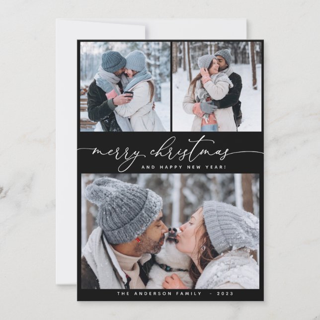 Cartão Natal preto 3 Collage Multi Photo Holiday (Frente)