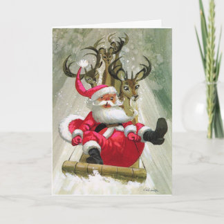 Cartão Natal & Rena Sleigh Andando Moderno Vintage Holi
