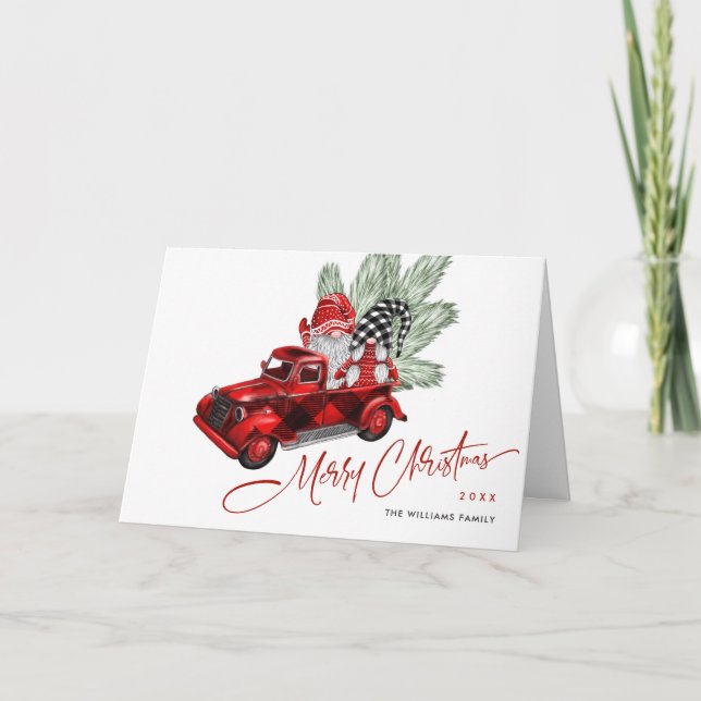 Cartão Natal Russo dos Gnomos dos Caminhões Vermelhos de  (Frente)