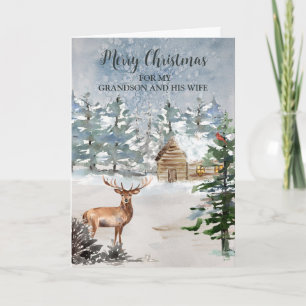 Cartão Natal Rustic Deer Grandson e Esposa