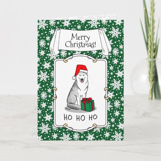 Cartão Natal Santa Hat Siberian Husky (prateado) (Frente)