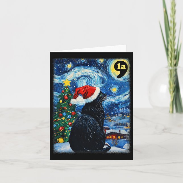 Cartão Natal Starry Night Black Cat Comma La Kamala H (Frente)