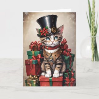 Cartão Natal Steampunk Tabby Kitten