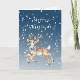 Cartão Natal Veado Confete Branco Ombre Azul Inverno