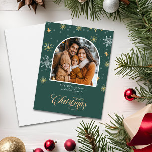 Cartão Natal Verde com Flocos de Neve Modernos