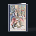Cartão Natal vintage - o papai noel patriótico traz<br><div class="desc">Uma imagem de cartão patriótica do Natal do vintage caracteriza um Papai Noel alto e magro vestido como o tio Sam. Em seu saco dos brinquedos e dos presentes igualmente leva bandeiras americanas. É ereto fora de uma janela de uma casa onde o interior das crianças esteja olhando para o...</div>