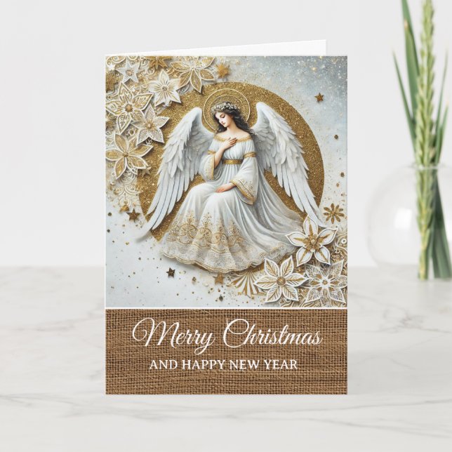 Cartão Natal Vintage Rústico Anjo Branco e Dourado  (Frente)