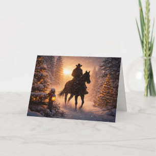 Cartão Natal Western Cowboy Cavalgando no Cavalo na Neve