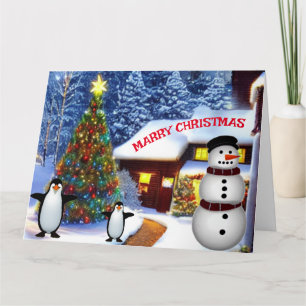Cartão Natal Winter Snowman & Penguin Friends