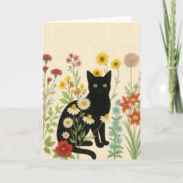 Cartão Natureza Botânica – Gata Preta no Jardim de Flores
