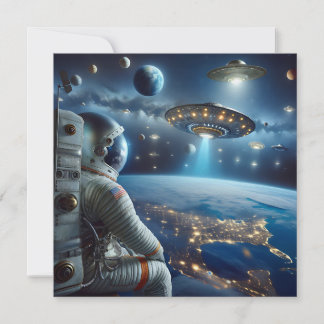 Cartão Naves Espaciais e um Astronauta no Espaço Exterior