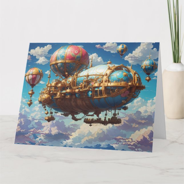 Cartão Navio Steampunk e Balões no Céu (Frente)