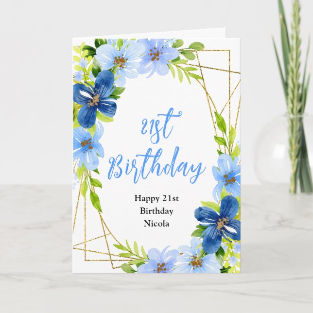 Cartão Navy and Baby Blue Floral Birthday (Frente)