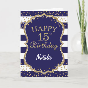Cartão Navy Blue and Gold Glitter 15th Birthday Card