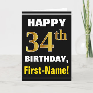 Cartão Negrito, Preto, Faux Dourado 34º Aniversário com C