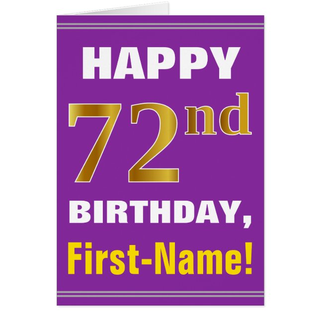 Cartão Negrito, Roxo, Faux Dourado 72º Aniversário com Ca (Frente)