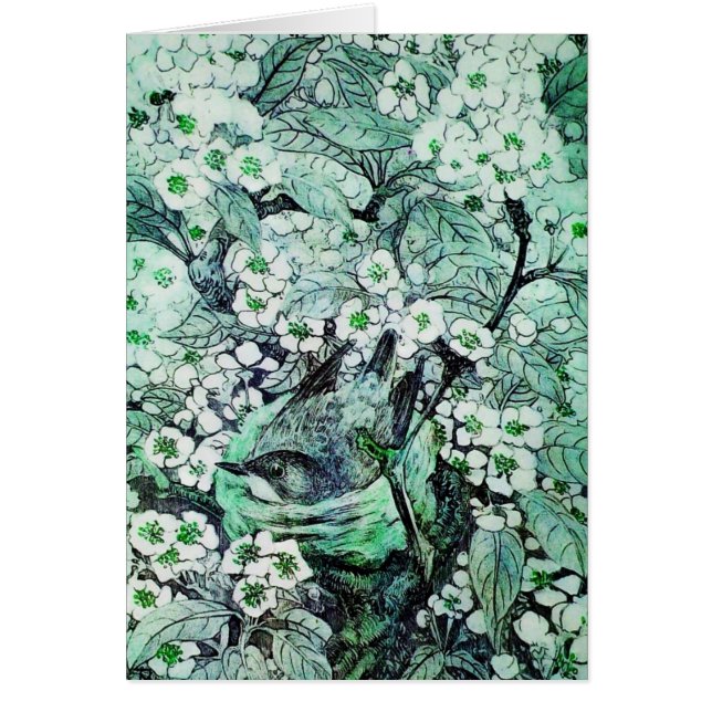 CARTÃO NESTE DE PÁSSAROS, ÁRVORE COM FLORES DE PRIMAVERA  (Frente)