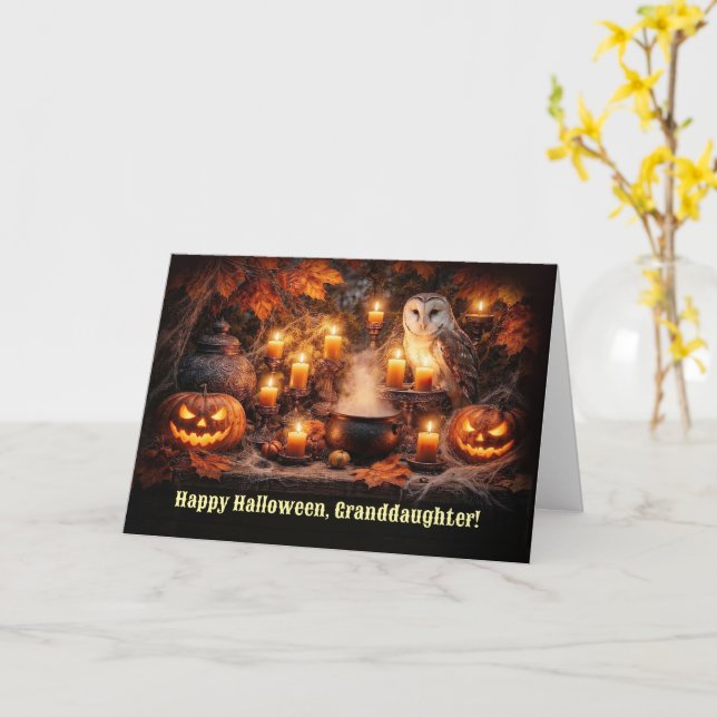 Cartão Neta Feliz Halloween Corujas e Abóboras (Flor Amarela)