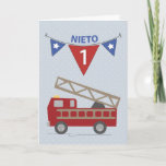 Cartão Neto espanhol do primeiro aniversario, Firetruck<br><div class="desc">Cartão de língua espanhola para comemorar o PRIMEIRO aniversário do seu neto! Os desejos do aniversário estão apressando-se completamente com este carro de bombeiros vermelho bonito.</div>