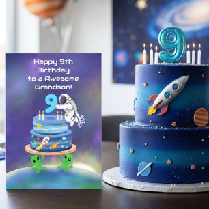 Cartão Neto Feliz 9º Aniversário Astronauta com Estilo