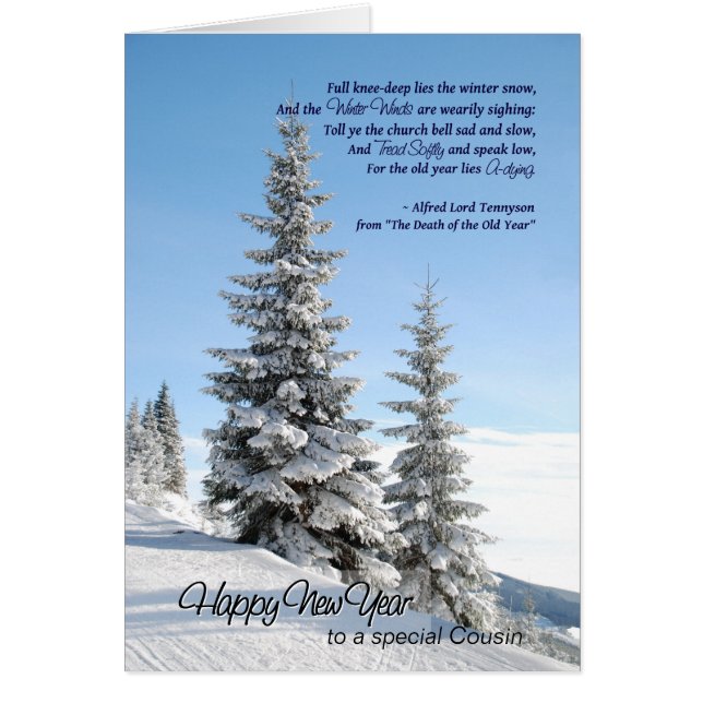 Cartão Neve de Ano Novo em Coníferas para Poema de Primo  (Frente)